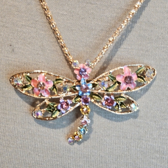 no name Jewelry - MULTI PASTEL COLOR RHINESTONE DRAGON FLY STATEMENT NECKLACE